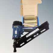 A Silverline air framing nailer, 90mm with box of nails.