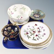 A tray of assorted ceramics, Newhall Boumier ware hand-painted gilded comport,
