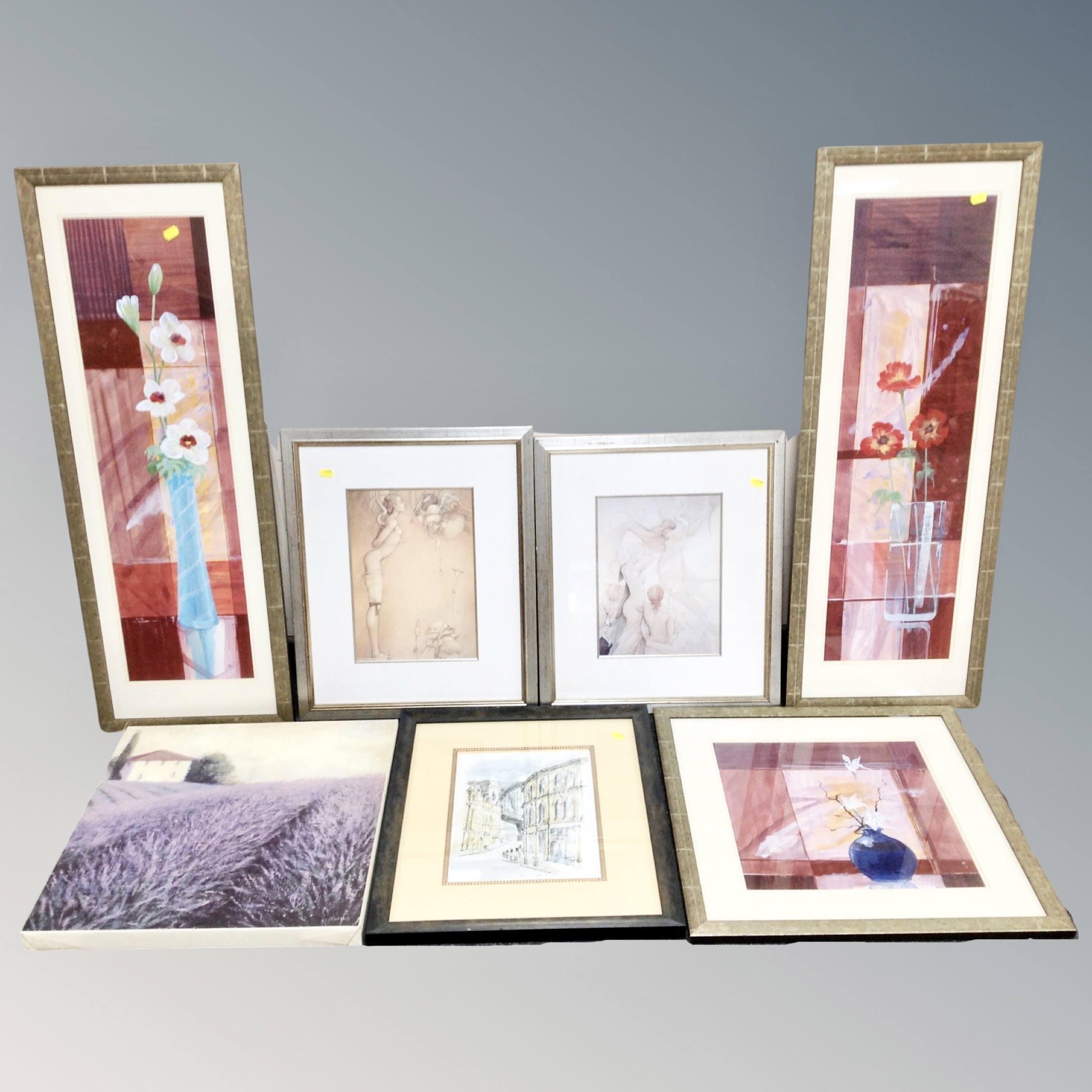 Six contemporary framed prints together with a wall canvas