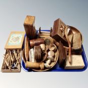 A tray of treen pieces, table boxes, clothes brushes, vanity mirrors,