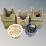 Three antique chimney pots together with three further garden pots and gnome ornament