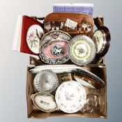 Two boxes of 19th century meat plates, bone china wall plates, Newhall lustre plates,