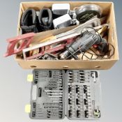 A box of hand tools, outdoor socket covers, electric hammer drill,