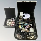 A tray of two contemporary jewellery boxes, costume jewellery,
