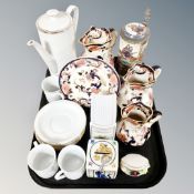 A tray of assorted ceramics, German part coffee service, five pieces of Masons Mandalay,