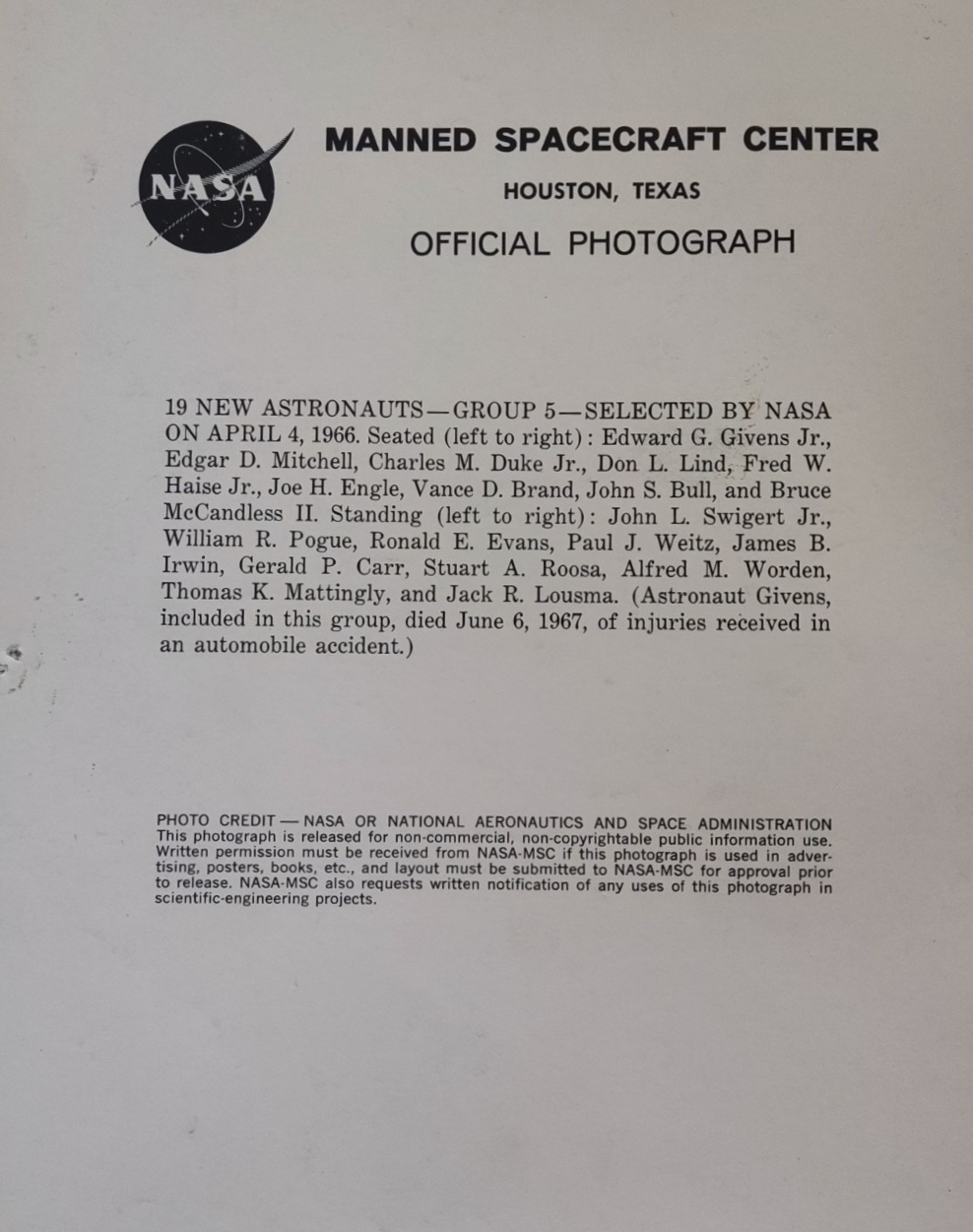 A Vintage Official NASA 1966 lithograph of the selected group of astronauts choosen for training - Image 4 of 6