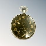 A Rolex open face military pocket watch, black dial with luminous Arabic numerals,