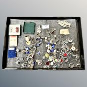 A tray of dress rings including silver, pair of 9ct gold earrings,