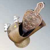 A Victorian porcelain-handled coal helmet together with a set of carved oak bellows