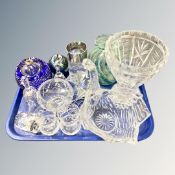 A tray containing crystal and glassware including Mdina glass vase etc.