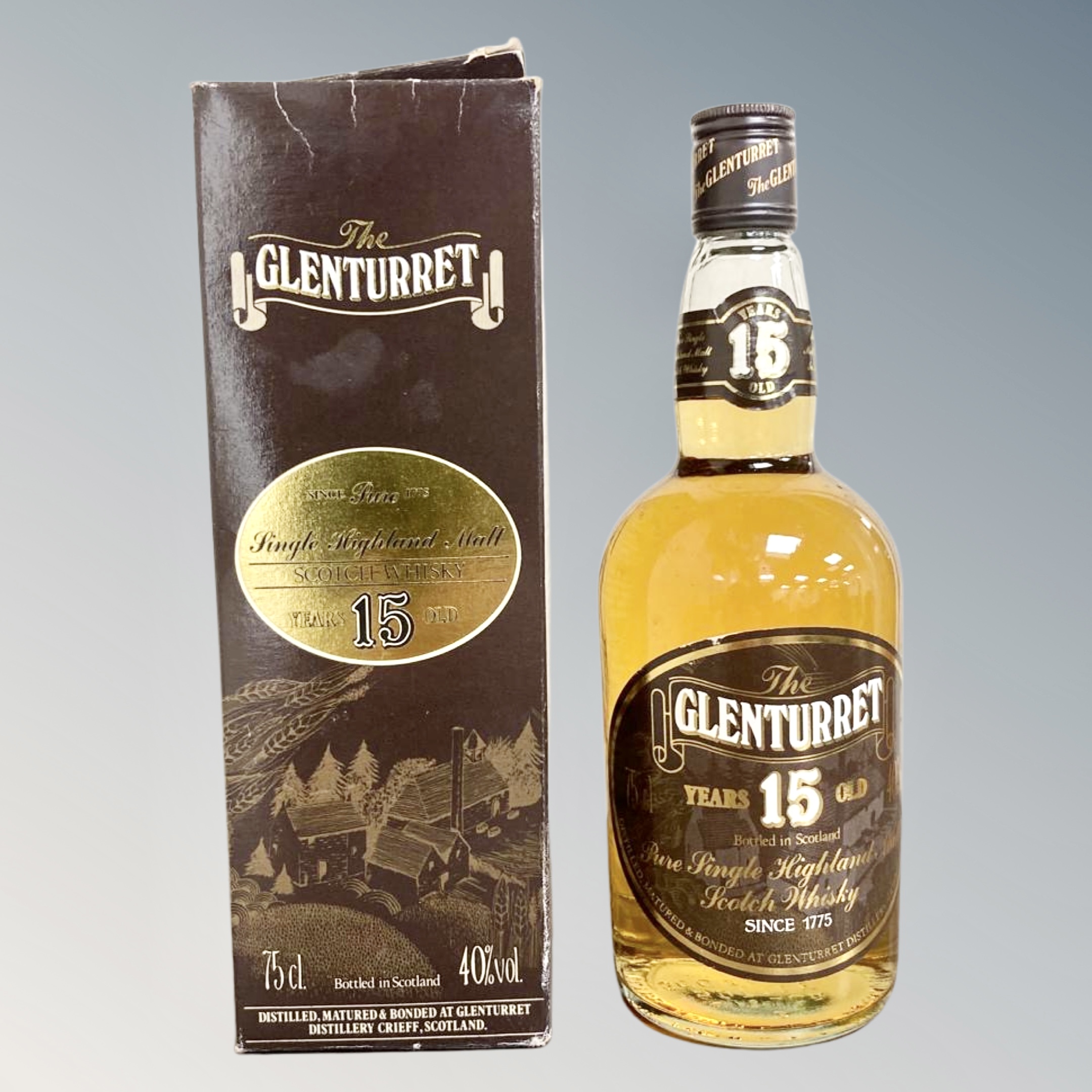 The Glenturret single Highland Malt Scotch Whisky aged 15 years, 75cl, boxed.