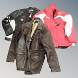 A box of vintage leather motorcycle jacket, further motorcycle jacket and a leather jacket.