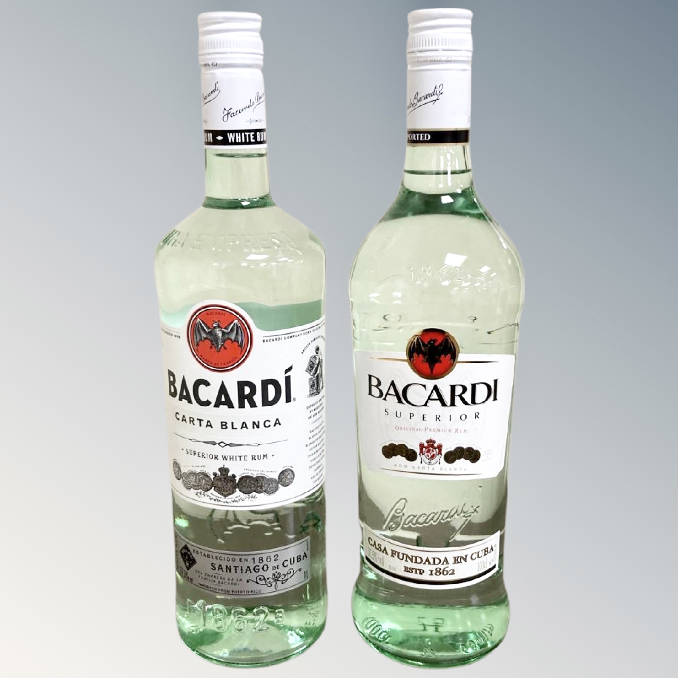 Two bottles of Bacardi superior white rum 1 litre.