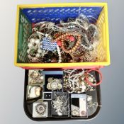 A tray of costume jewellery, necklaces, cameo,