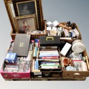 A pallet containing a basket and four boxes of pictures, books, DVD's, ceramics, model of boat,