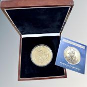 A London Mint St George and the Dragon Commemorative gold-plated coin, 89mm diameter, 300g,