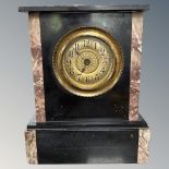 A Victorian black slate and marble mantel clock, height 23.