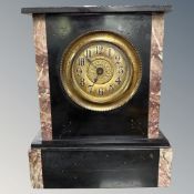 A Victorian black slate and marble mantel clock, height 23.