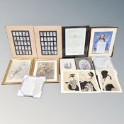 A box of framed prints, picture frames, unframed Japanese prints,