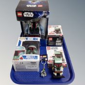 A Lego Star Wars Boba Fett alarm clock, boxed, together with Funko pop Star Wars No.