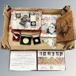 A box containing crowns, Royal Silver Jubilee Silver Coin Cover,