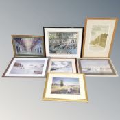 Seven assorted pictures - Watercolour of a river,