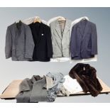 Two crates of vintage clothing, Gent's woolen Brook Tavener overcoat, Scarves, faux fur jacket,