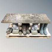 A concrete garden squirrel bench (width 107cm) together with two Wellington planters and two