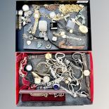 Two trays of costume jewellery, 9ct gold earrings, early 20th century gent's silver wristwatch,
