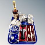 A tray of three piece silver plated tea service, cased cutlery, toast rack, Bols brandy,