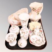 A tray of assorted ceramics, Maling, Wedgwood Wild Strawberry china, sandwich plates,