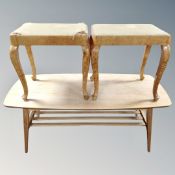 A Scandinavian coffee table together with a pair of dressing table stools on cabriole legs