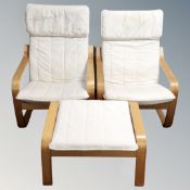 A pair of Ikea beech framed relaxer armchairs with stool