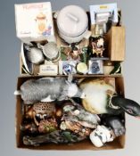 Two boxes of contemporary wall plaques, animal ornaments, kitchen storage jars,
