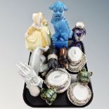 A tray of assorted ceramics, Chinese foo dog, 19th century miniature dinner ware,