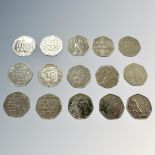Fifteen collectable fifty pence pieces including Paddington,