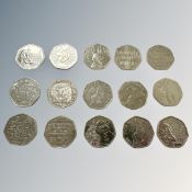 Fifteen collectable fifty pence pieces including Paddington,