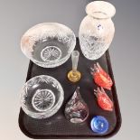 A tray of glass ware to include Caithness and fish paperweights, tear drop paperweight,