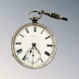 A silver open face key-wound pocket watch, fusee movement, diameter 50mm.