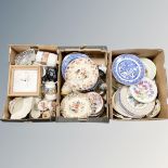 Three boxes of antique and later china plates, Copeland china etc.