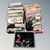 Two boxes and a crate containing vinyl LP's and 7 inch singles and 78's,