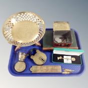 A tray of trinket box in the form of a book, brass padlock, miniature drinks bucket,
