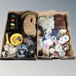 Two boxes of wicker fishing creel, assorted reels, spool,