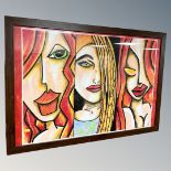 Brian Foggett (Contemporary) : Portrait of three females, oil on paper, 90 cm x 60 cm, framed.