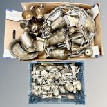 A box and a crate containing assorted plated wares, tankards, salver,