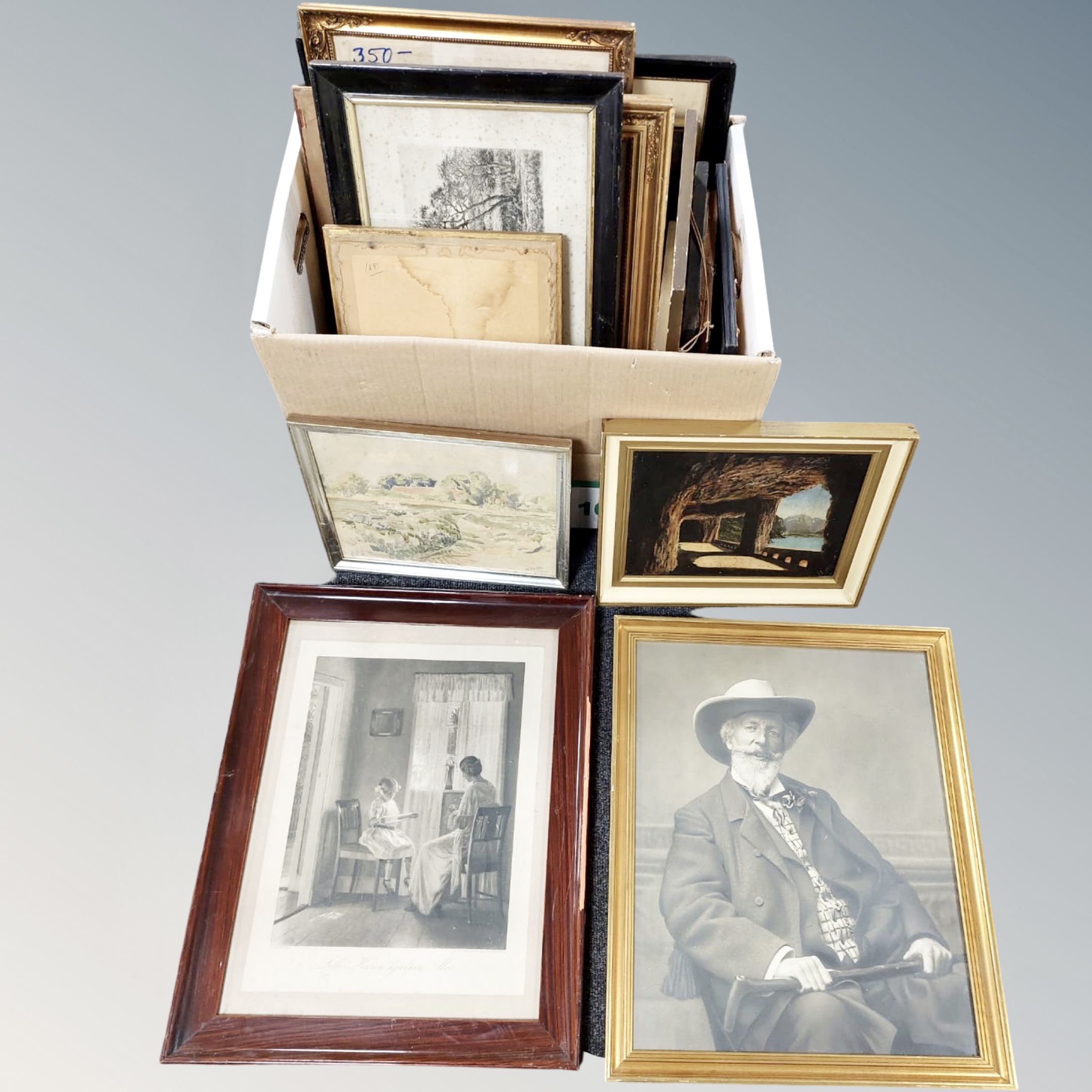 A box of continental pictures and prints (Qty)