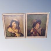 Two antique over-painted portrait prints in gilt frames