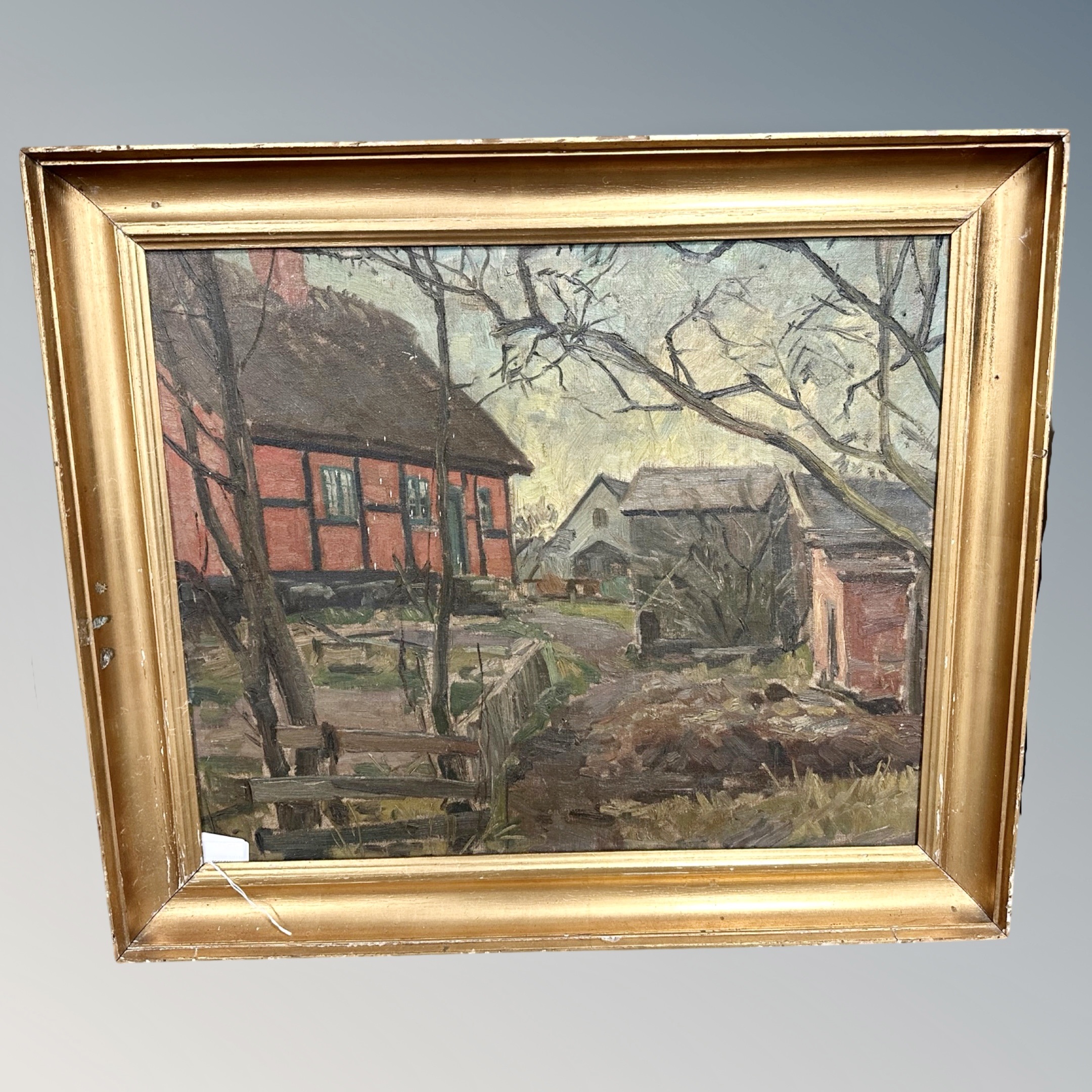 Continental school : Farm buildings, oil on canvas, 58cm by 48cm.