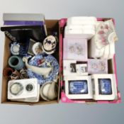 Two boxes of ceramics, boxed Wedgwood plates, Ringtons caddies, Leonardo collection figure,