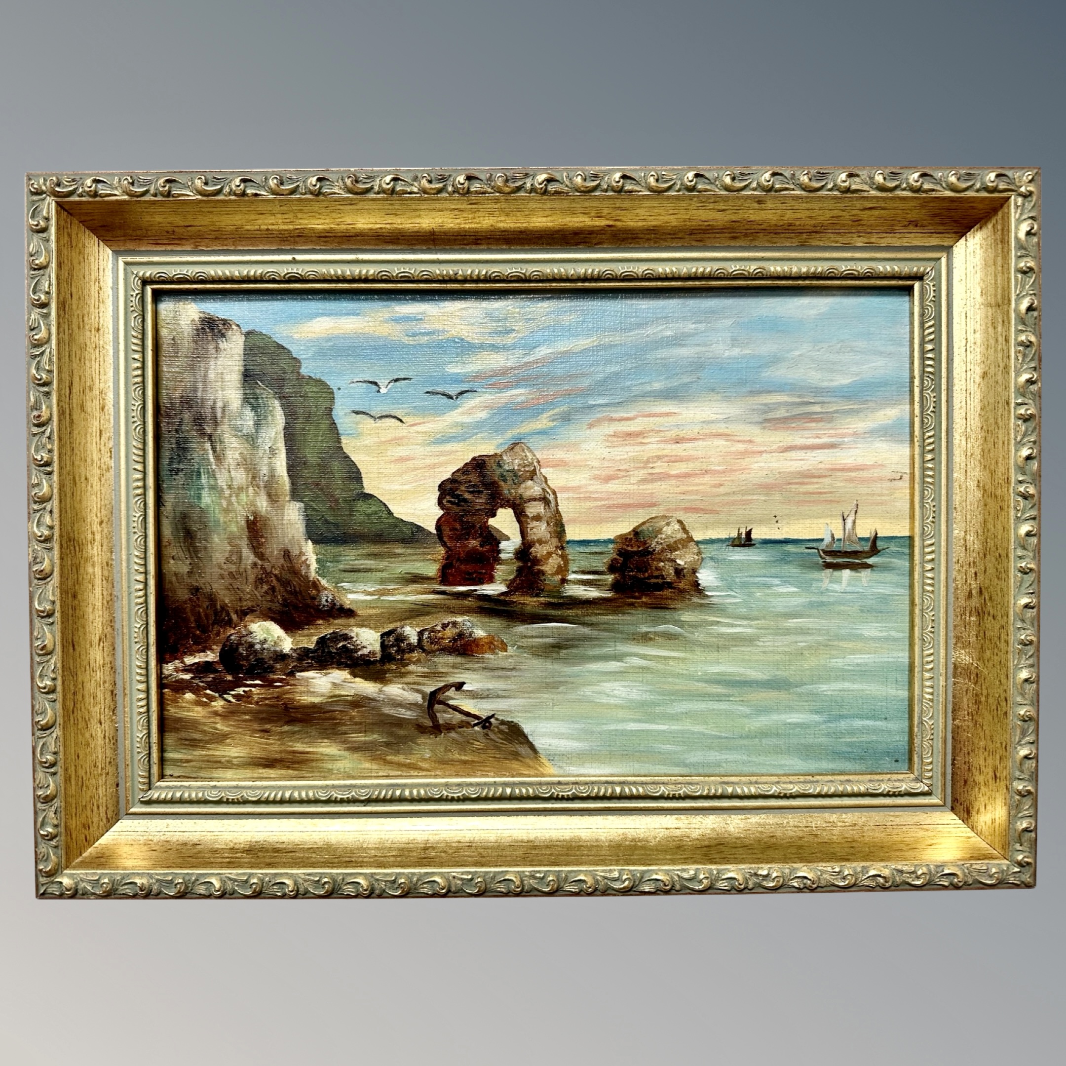 20th century school, A rocky coastline, oil on canvas, 29cm by 19cm.